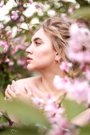 beautiful girl portrait in sakura flowersの写真素材