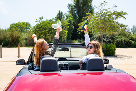 Girlfriends in a convertible are going to celebrate freedom. Rear view of a convertible with girlsの写真素材