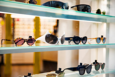 A row of fashionable sunglasses on display. Choice of style, variety of sunglasses in the store