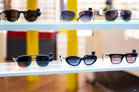 Buying new glasses, a wide range in a store. Sunglasses a fashionable accessory on displayの写真素材