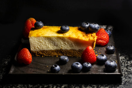 Sweet dessert with berries on a dark backgroundの写真素材