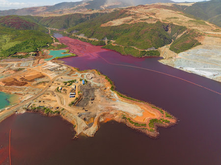 Extraction of nickel open pit. Quarry and polluted lake. Mindanao, Philippines.の写真素材