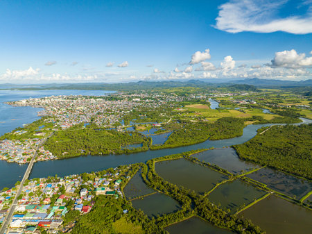Air survey of beautiful Coastal City residential area and rainforest with river. Surigao, Philippines. Mindanao.の写真素材