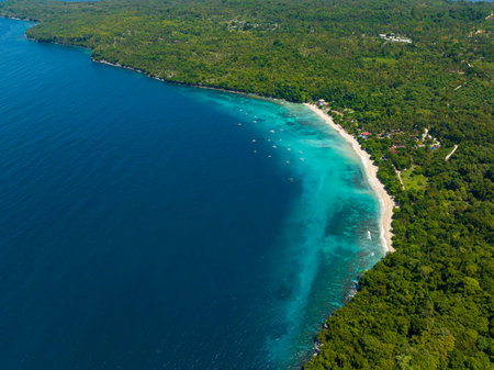 Drone view of beach resort with white sand and blue sea. Samal Island. Davao, Philippines.の写真素材