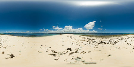 White sandy beach, blue sky and clouds. Naked Island. Surigao del Sur, Philippines. VR 360.の写真素材