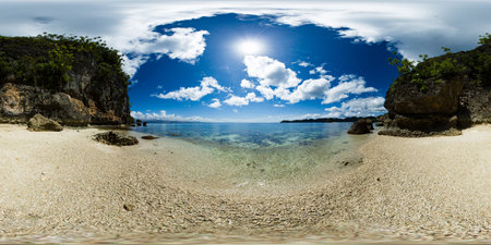 Ocean waves on beach in Sohoton Cove. Socorro, Surigao del Norte, Philippines. VR 360.