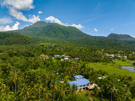 Evergreen mountain and agricultural land with rice fields in Camiguin Island. Philippines.の写真素材