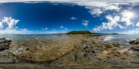 Tropical ocean waves over corals and rocks in beach. Santa Fe, Romblon. Philippines. VR 360.