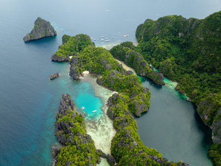 Top view of Small Lagoon and Big Lagoon in Miniloc Island. El Nido, Palawan. Philippines.