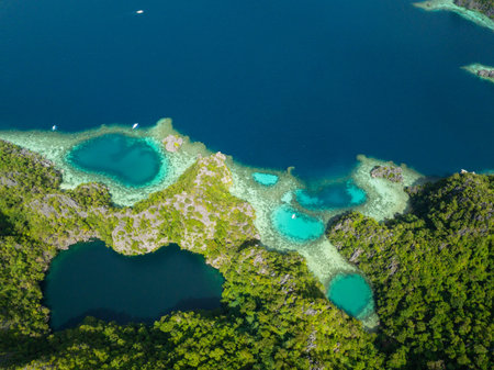 Hidden lagoon and Black Lake in Coron, view from above. Palawan, Philippines.