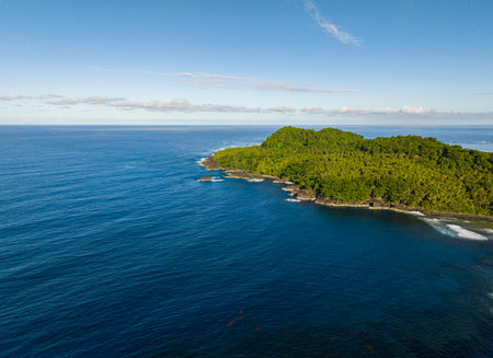 Beautiful top view of Tropical Island. Deep blue sea in beachline. Mindanao. Philippines.