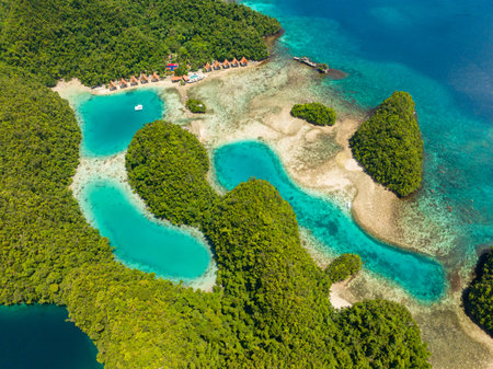 Birds eye view of Natural Beach and Lagoons in Sohoton Cove. Surigao del Norte. Mindanao,...