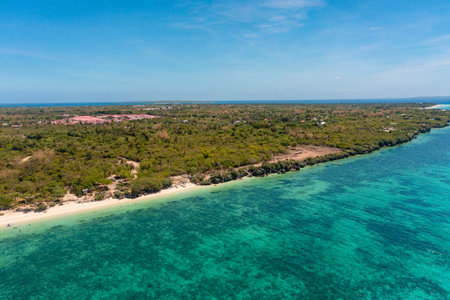 Aerial view of coral reefs in clear sea water and sandy beach in Bantayan Island, Cebu, Philippines.の写真素材