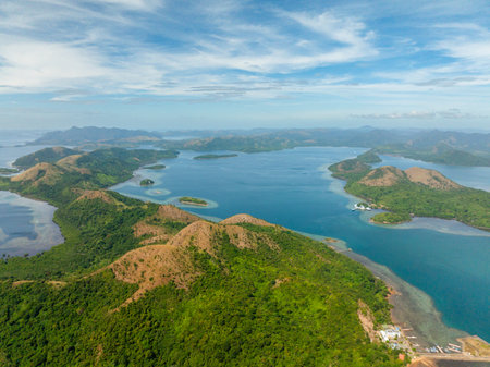 Aerial view of Tropical Islands with mountain hill and forest. Coron, Palawan. Philippines.の写真素材