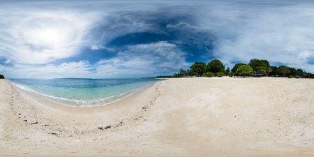 Beach with white sand and clear water with sun reflection. Santa Fe, Romblon. Philippines. VR 360.