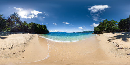 Tropical beach with crystal clear water. Blue sky and clouds. Romblon Island. Philippines. VR 360.の写真素材