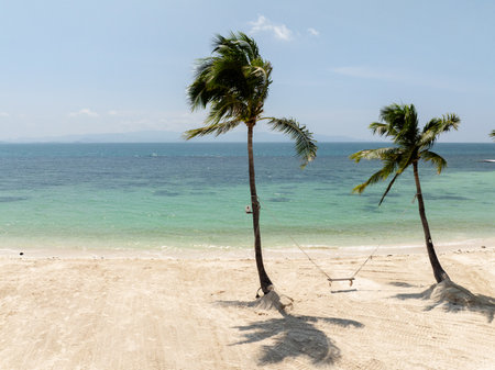 Hammock strung between palm trees overlooking a tranquil turquoise sea and a pristine sandy beach. Haad Yuan Beach. Ko Pha Ngan, Thailand.の写真素材