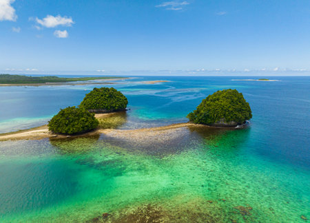 Aerial shot of Island with beautiful beach with turquoise water. Boslon Island. Mindanao,...