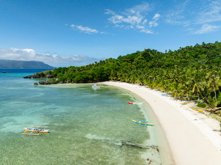 Boats floating over the clear water in white sandy beach in Cobrador Island. Romblon, Philippines.の写真素材