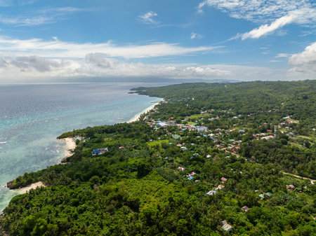 White sand beaches and Poblacion San Jose, view from above. Carabao Island, Romblon. Philippines.の写真素材