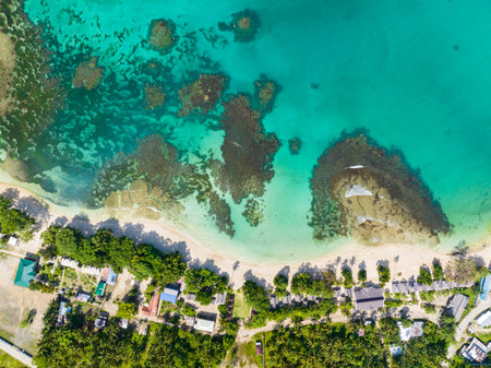 Island with a sandy white beach with palm trees and azure water and coral reef. Cagwait White Beach. Mindanao, Philippines. Travel and summer concept.の写真素材