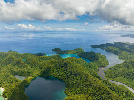 View of Tropical island with lagoons. Bucas Grande Island. Socorro, Surigao del Norte. Mindanao, Philippinesの写真素材