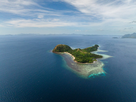 Aerial view of coastline with beach and turquoise water. Dimanglet Island in Coron, Palawan. Philippines.の写真素材