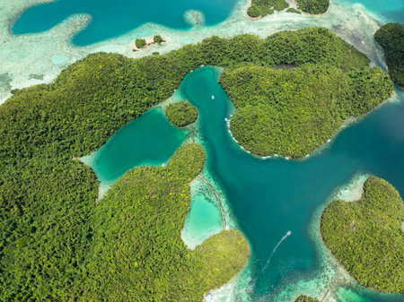 Curved turquoise lagoon channels between green forest islands and shallow reef. Siargao, Philippines. Sugba Blue Lagoon.の写真素材