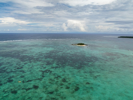 Palm covered island with surrounding reef and clear blue water. Guyam Island. Siargao, Philippines.の写真素材
