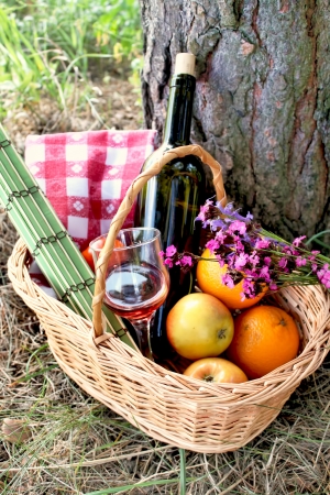 wickery basket for picnic with wine bottle and glass, fruits and field flowersの写真素材