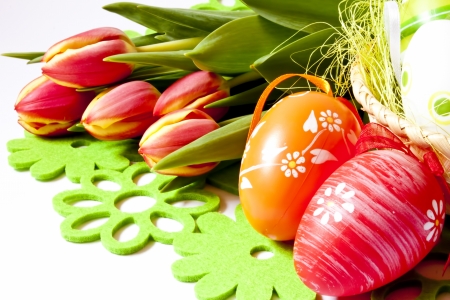 Easter eggs and tulipsの写真素材
