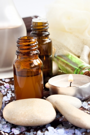 Spa essences,candle and massage stones の写真素材