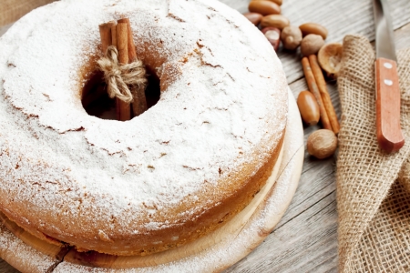 homemade cake with cinnamon powdered with sugar, italian dessert ciambelloneの写真素材