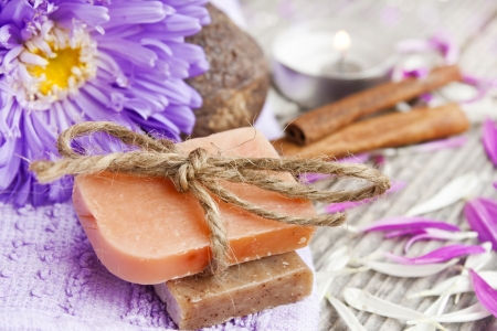 natural spa setting with homemade soapの写真素材