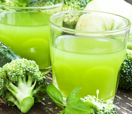 Glasses of Bio Green Vegetables Healthy Juice with Broccoli, Cucumber and Lettuceの写真素材