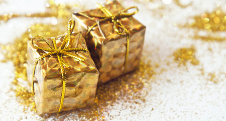 Shiny Christmas Golden Decoration with Gifts and Sparkleの写真素材