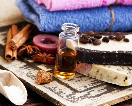 Natural Spa Setting with Essential Oil,Organic Soaps, Sea Salt and Cotton Towelの写真素材
