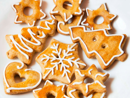 Gingerbread on a White Plate, Tree, Star, Heart and Snowflake Shape Gingerbread