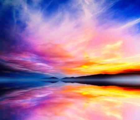 Sunset Colorful Dramatic Landscape.Mountains and Sky Water Reflectionの写真素材