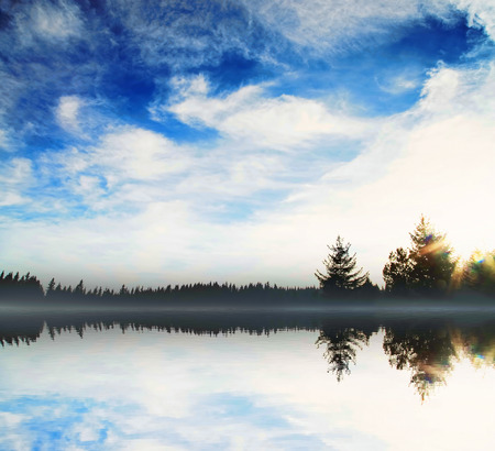 Beautiful Lake Scene with Trees and Cloudscape Water Reflectionの写真素材
