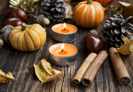 Fall Decoration with Pumpkins, Leaves,Candles, Cinnamon Sticks ,Chestnuts and Acornsの写真素材