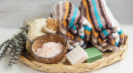 Spa setting with towels,bath salt and marseille jasmin and olive soaps,dried lavender