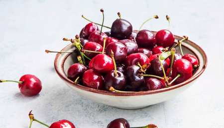 Cherry fruits heap in a bowl , sweet ripe cherries