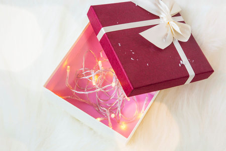 Festive Christmas gift box decorated with tree lights inside