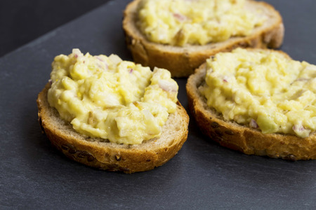 Eggplant salad on bread slices appetizersの写真素材