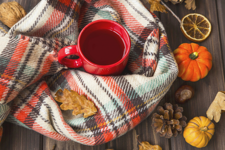 Hot tea cup with cosy scarf, autumnal feeling setting on old wooden board with fall decoration ornaments and dried leavesの写真素材