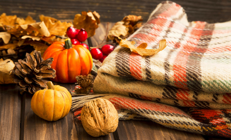 Cosy autumnal setting with soft scarf and fall decoration ornaments with dried leaves on old wooden boardの写真素材