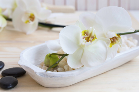Spa setting with white orchid flower, bath salt and massage stones , spa still lifeの写真素材