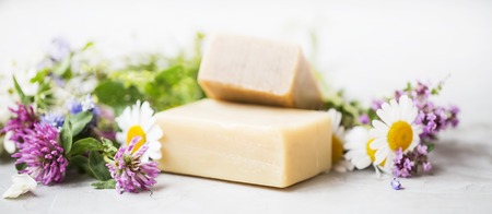 Organic skincare with natural handmade soap bars with medicinal plants and flowers extracts or essential oilsの写真素材