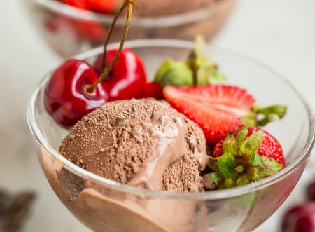 Chocolate icecream with strawberries and cherries, tasty summer refreshing dessert